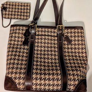 Coach Brown Leather and Tweed Wool Tote Bag and Coin Purse Authentic F10199